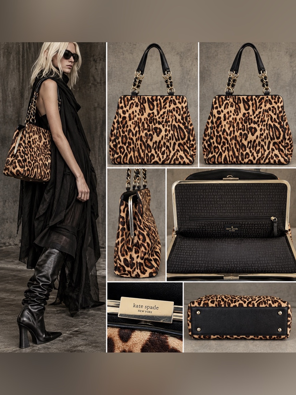 Kate Spade New York Leopard Calf Hair Frame Satchel Shoulder Bag Chain Strap